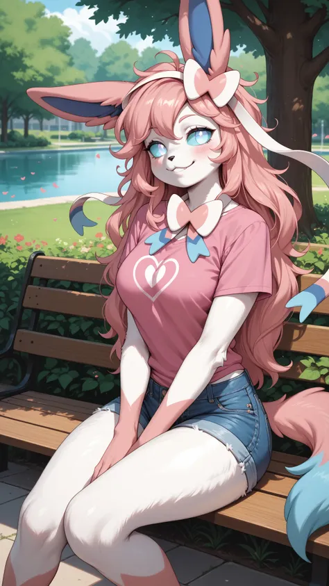 (date:20250212, By:Joulios) Intimate expression, smug expression, 1girl, anthro, furry, fur, fluffy fur, fluffy big pink tail, sylveon girl, pink hair, long hair, messy hair, cyan hair highlights, (19 years), white eyes, cyan sclera, medium breast, thicc t...