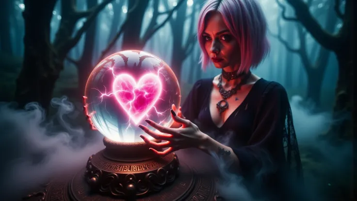 A hyper-realistic close-up shot of a crystal ball, resting on a weathered blackened pedestal, carved with intricate runes, glowing faintly in amber, lightning in the background
BREAK inside the crystal ball, a floating oversized ethereal pink heart, the el...