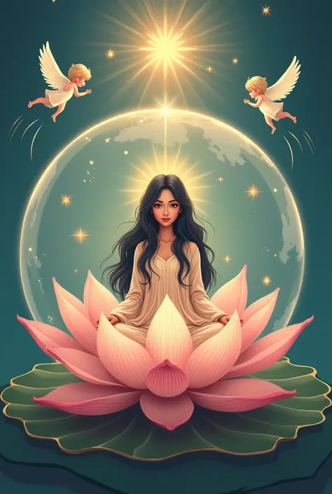  Woman in the lotus flower :  Imagine a woman in the cartoon style ,  with long dark hair ,  sitting in the center of a lotus flower .  You can search for images of lotus flowers and then add the figure of the woman .

2. transparent globe:  Visualize a gl...