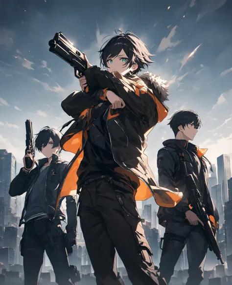 ( masterpiece: 1.2,  top quality), 3 Boy,  turquoise eye ,   hold up a gun ,   jet black hair,  jacket, (City background: 1.7), 