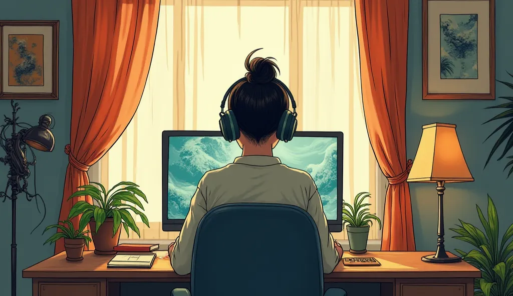 A person sitting in front of a computer, back view, wearing headphones, set against a bedroom background. 
The scene takes inspiration from Hokusai’s delicate linework combined with the whimsical nature of Shaun Tan’s dreamlike illustrations.