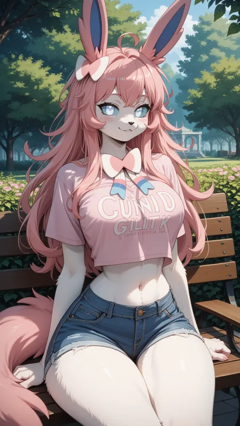 (date:20250212, By:Joulios) Intimate expression, smug expression, 1girl, anthro, furry, fur, fluffy fur, fluffy big pink tail, sylveon girl, pink hair, long hair, messy hair, cyan hair highlights, (19 years), white eyes, cyan sclera, medium breast, thicc t...