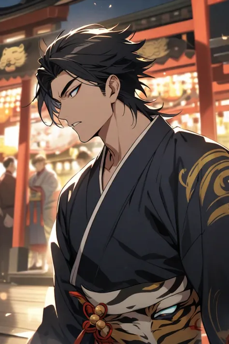  black hair　 Night Shrine　 dark blue kimono 　Handsome guy with a tiger mask