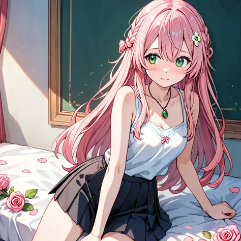 shy , green eyes, pink hair withe yellow locks on end, long hair, little braid on hair,  She wears a,   with a white tank inside and a necklace that has a pendant of a pink flower  , a closed rosebud  .   she has a pleated skirt and you can see black short...