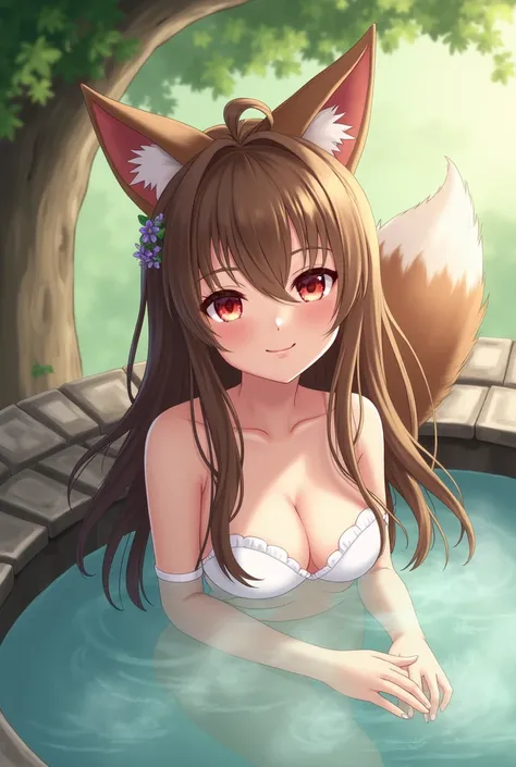 1girl, long hair, animal ears, brown hair, score_9, red eyes, smile, outdoors, tree, fox tail, looking at viewer, hair ornament, medium breasts, onsen, bathing, submerged,  covering breasts,