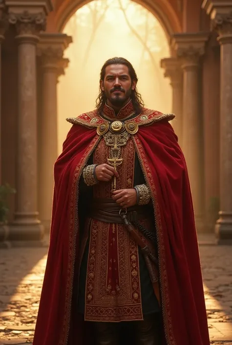 A bold Spanish king with dark hair and a confident smile, wearing a red and gold royal robe, standing in a sunlit courtyard.