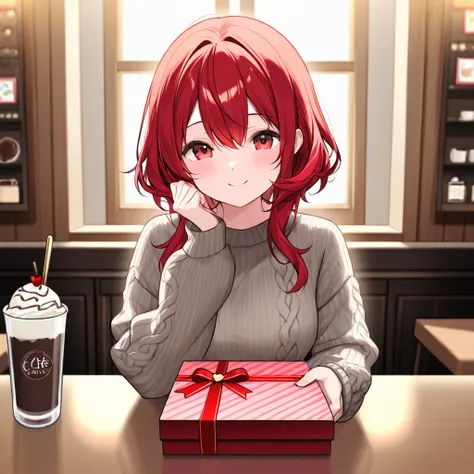  「A woman in her 20s with bright red hair 、 has an adorable smile and a large chocolate box 。 she combines a sweater and denim 、 creates a casual yet stylish vibe 。 The background depicts the interior of a cafe decorated for Valentine's Day、 has a warm vib...