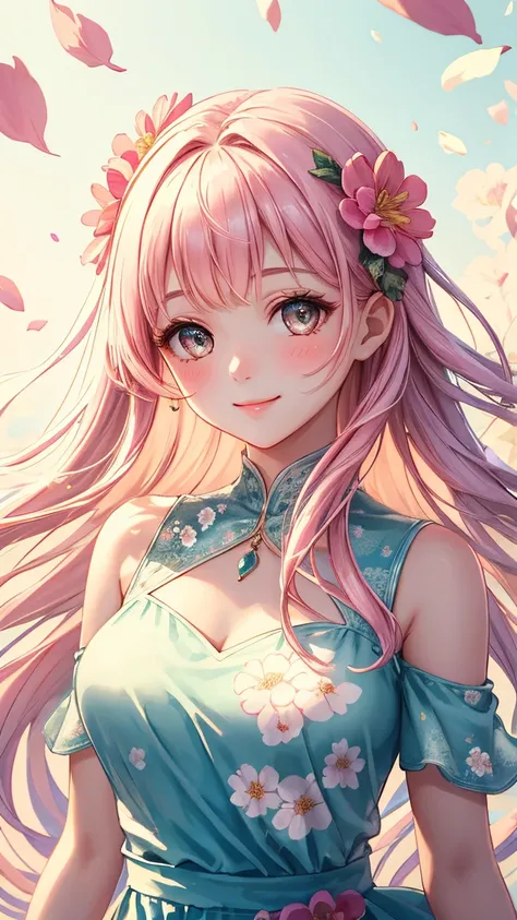 (masterpiece:1.3, best quality:1.3, ultra detailed:1.2)
(beautiful young girl:1.3, innocent face:1.2, gentle smile:1.2)
(upper body shot:1.2, portrait composition:1.2)
BREAK (soft pink hair:1.2, long flowing hair:1.2, silky hair:1.1)
(clear skin:1.2, brigh...