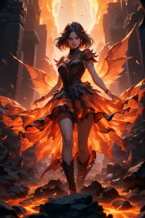 (La Best Quality,A high resolution,Ultra - detailed,current),Selena Gomez in a dress made of lava magma, (cabello elemento fuego:1.4 ) , (fire magma dress :1.4), ,(Ruined dungeon ruins background:1.4 ), More detailed 8K.unreal engine:1.4,uhd,La Best Qualit...