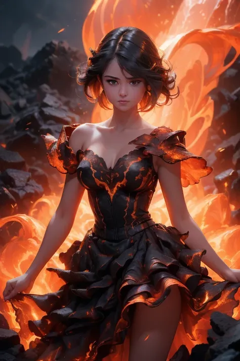 (La Best Quality,A high resolution,Ultra - detailed,current),Selena Gomez in a dress made of lava magma, (cabello elemento fuego:1.4 ) , (fire magma dress :1.4), ,(Ruined dungeon ruins background:1.4 ), More detailed 8K.unreal engine:1.4,uhd,La Best Qualit...