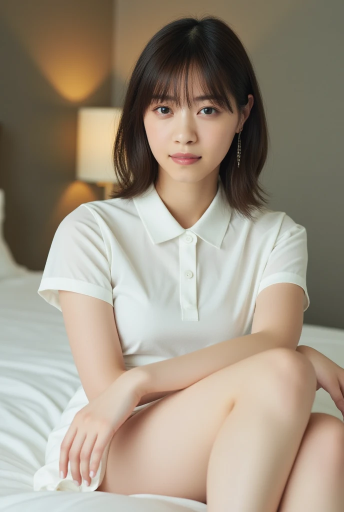 (Masterpiece, Best quality: 1.5), (Ultra realistic, Photo-realistic: 1.4), (nsfw:1.2), Natural light, 20 years old actor, Japanese woman, Neat and clean, (Short wavy hair:1.1), ((Wearing white tennis uniform, White short-sleeve polo shirt with collar: 1.3)...