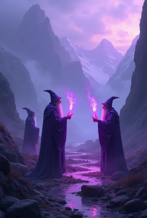 Can you ad a purple hue. And one of the wizzards is holding a bong. And make the backround look into the horizon with huge mountains and paths