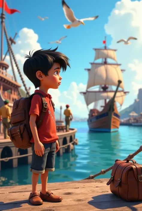 A 3D Disney-style young boy, around , standing at the edge of a bustling port, looking at a large wooden ship in the distance. He has a determined but nervous expression, gripping his travel bag tightly. The harbor is lively, with sailors preparing boats a...