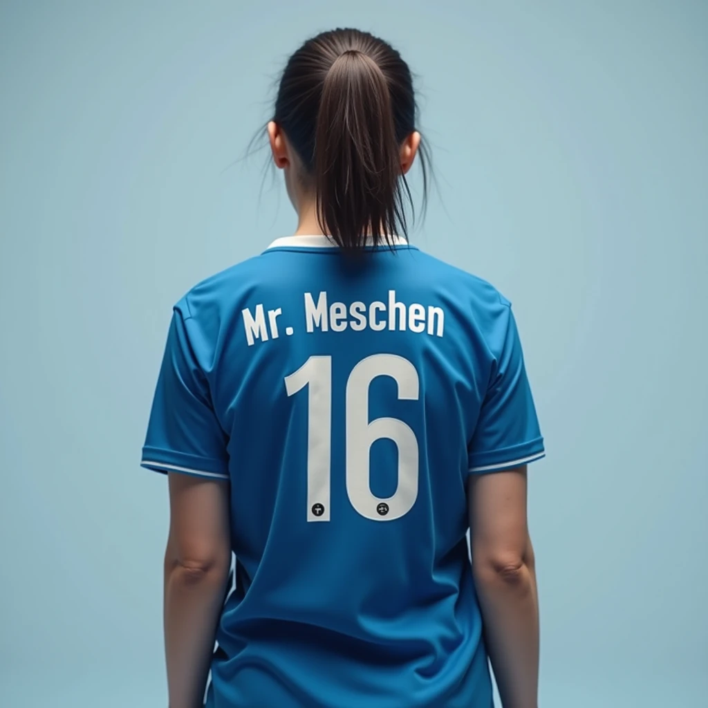 Une femme qui tourne les dos à la caméra habiller en bleu avec un maillot bleu sur lesquels on a déjà écrit " Mr MESCHEN "as dorsal and the number "16" On his back 