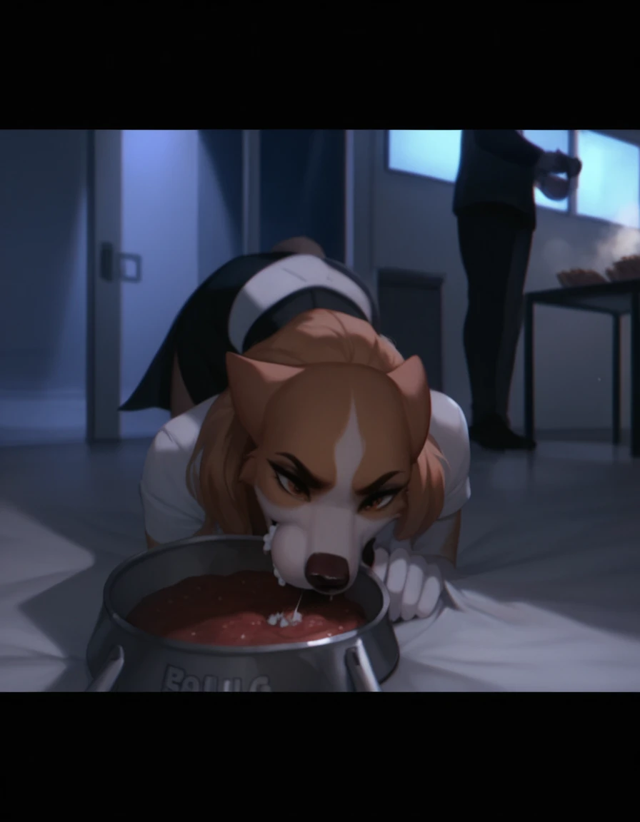 score_9, score_8_up, score_7_up, score_6_up, a long haired anthropomorphic wolf eating meat chops from a metal bowl in the airport security room, open mouth, no humans, 1girl, wolf, body fur, two tone fur, doggystyle pov, wearing a airport security dog she...