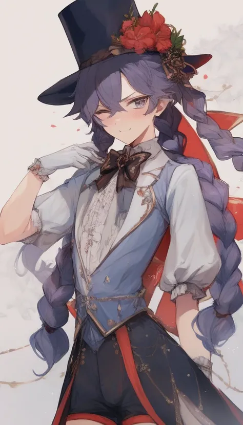      in high quality , Очень подробная иллюстрация      in high quality,    Ultra-detailed illustration   , (  boy:1,7),   smug , cute baby face  , ( medium length disheveled hair with two Lavender braids:1,7),    thin waist, a fem boy,   wide hips,    sli...