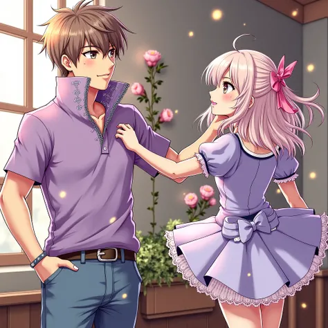 Anime Man wearing a Massive Popped Collar Polo with a collar so high it's taller than his head looking at his Princess Girlfriend