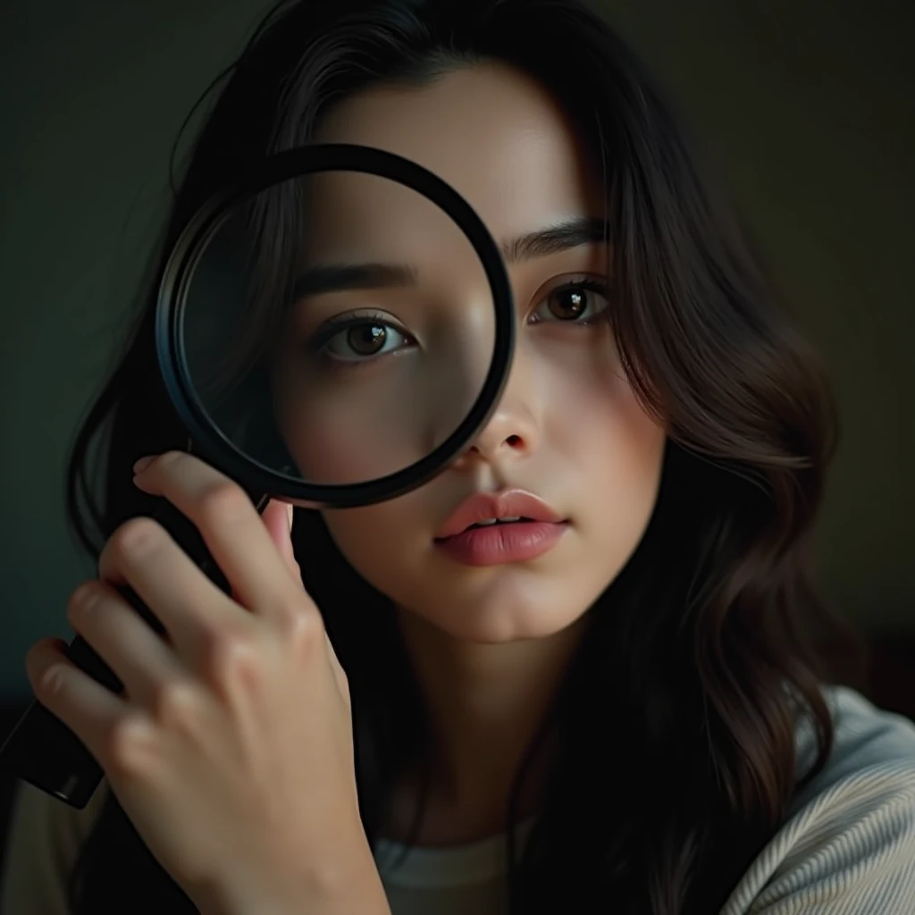 Look face, A thoughtful person, attractive looking directly at the observer, She uses a magnifying glass to see the observer 