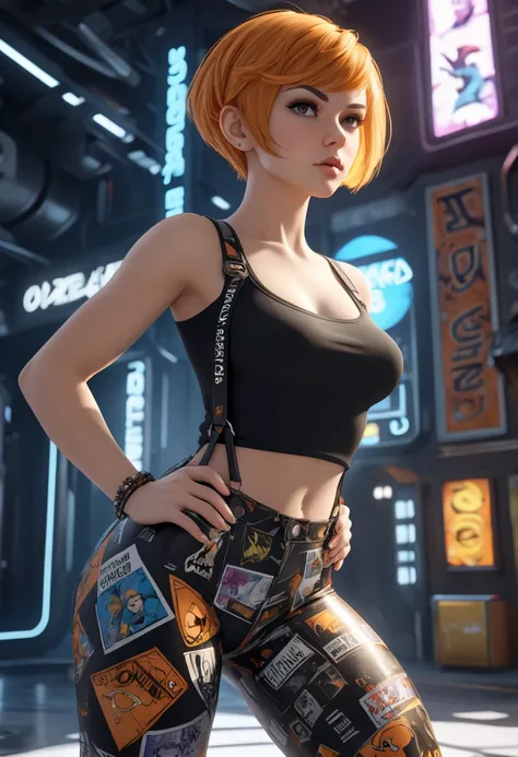 
Hyperdetailed ilustration of a beautiful sexy woman with pale orange hair pixie cut, in comic book characters printed leggings with suspenders wearing black shirt with text  'DALL-E 3 prompt tricks', futuristic background,  unreal 5, DAZ, french noveau, t...