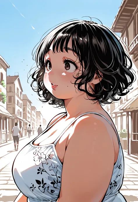  score_9,  score_8_ up,  score_7,  Details,  Manga Art ,   HIRNE STYLE , Fat girl, Double chin, Fat face,  1 girl, , lip ring , 小さいeyeのくま,  Italian woman ,  Thick Curled Hair ,   black hair, bright eye, eye, ,  Vintage Floral Summer Dress from the 1990s, (...