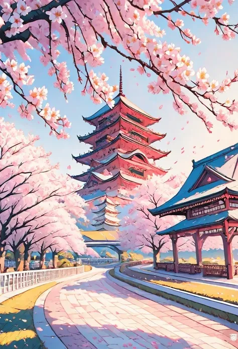 ( digital painting ),( Best Quality ), cherry blossoms in a serene Japanese garden, Cherry Blossoms, Koi pond, pedestrian overpass, pagoda, Embroidery Art Style , Katsushika Hokusai's Inspiration , Deviation Art Pop , 8K Ultra Real, Pastel Color Scheme , s...