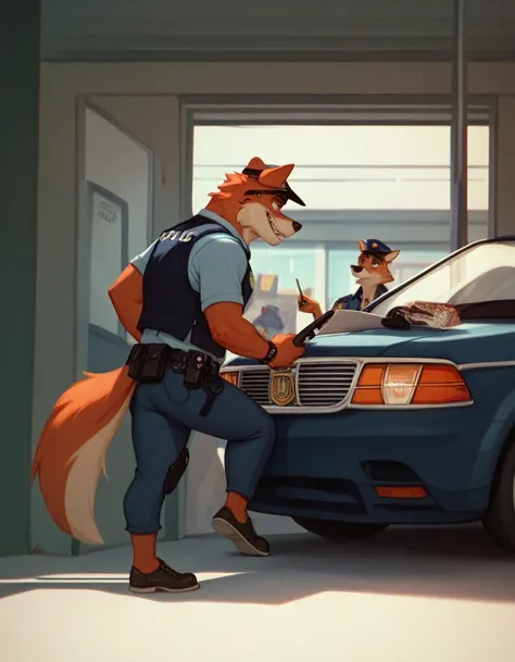 Anthropomorphic wolf, wearing a black police vest, sniffling a car at the airport parking lot 