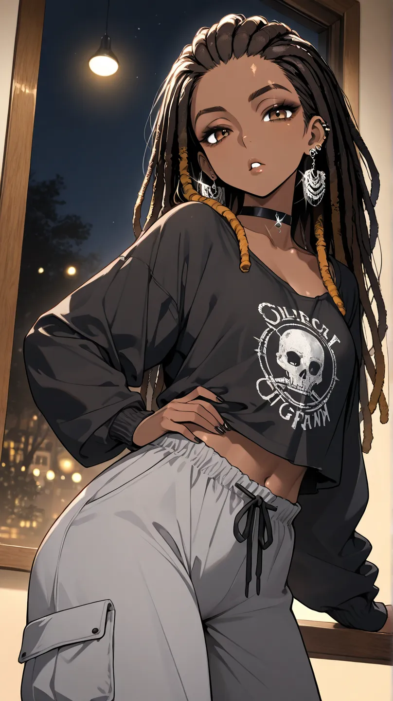 1Girl, Mature, Ebony, African American, Dark Brown Skin, Jet Black Thin Dreadlocks, Very Long Straight Dreadlocks Pulled Back, Shiny Hair, Bright Brown Eyes, Black Nails, Dark Brown Eye Shadow, Medium Chest, Baggy Black High-Cut Long-Sleeve Shirt, Grey Bag...