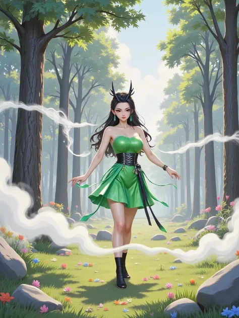  A woman dressed in green ，背景有烟雾suffuse， creates a hazy atmosphere 。 is placed in a forest-like environment ，Surrounded by smoke effects 。 In an environment full of greenery ， Surrounded by tall trees 、 with dense grass and colorful flowers。Smoke is linger...