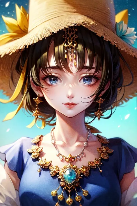 (  masterpiece、 top quality、8k、 Hi-Res)、  1 female、Perfect face 、 beautiful eyes、 beautiful lips、Beautiful Nose、Brown Hair、 moderate bust、 perfect style、smile、 jewelry、 necklace、 colorful white and blue dress 、(whole body)、Sandy beach with forest views 、Br...