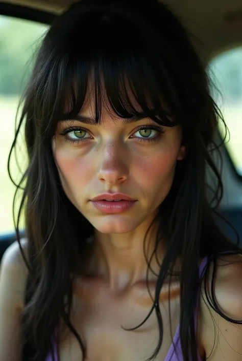 Not too pretty girl , Americana, green eyes and straight dark black hair,  fair skin, Serious face  