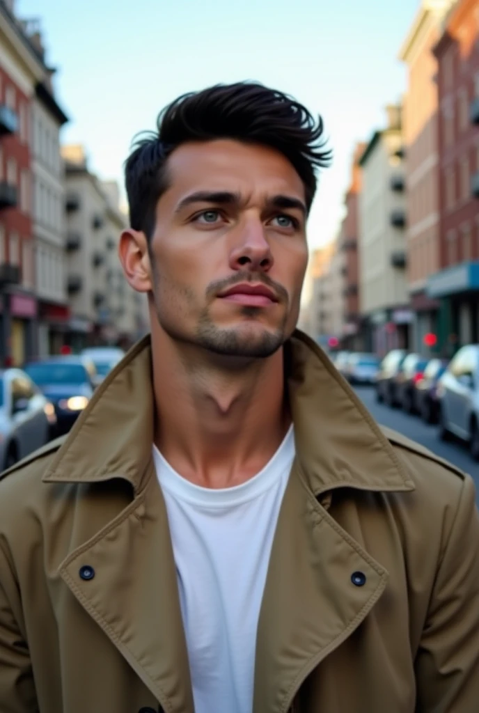 Tanned skinned man, handsome,  with delicate features and a marked jaw. His hair is a short black mane. His eyes are sky blue. She wears a khaki trench coat and a white t-shirt underneath. It is 
In the middle of a city road,  looking at the sky