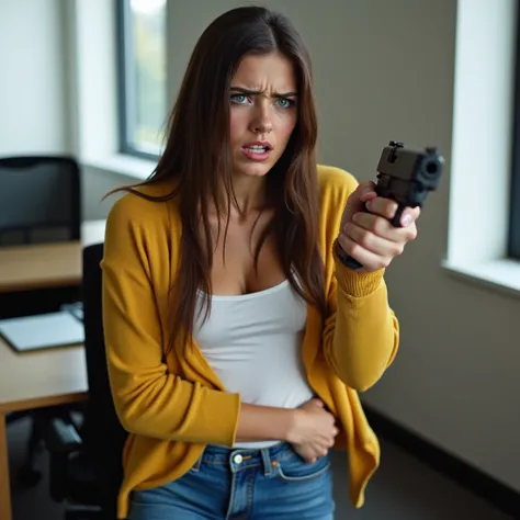 Young shapely brunette is in the empty office, she is aiming handgun in her hand, she is staggering and falling backward against the desk. She has long straight hair, natural white skin with small freckles, no makeup, pretty innocent round face, wearing lo...