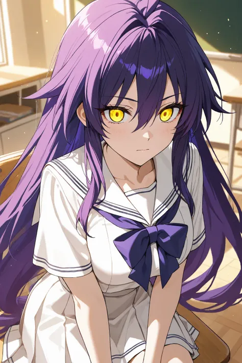  1 girl,  long midnight purple hair, Golden light eyes, sit in classroom, White school uniform　modern style, Anime