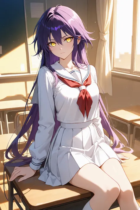  1 girl,  long midnight purple hair, Golden light eyes, sit in classroom, White school uniform　modern style, Anime