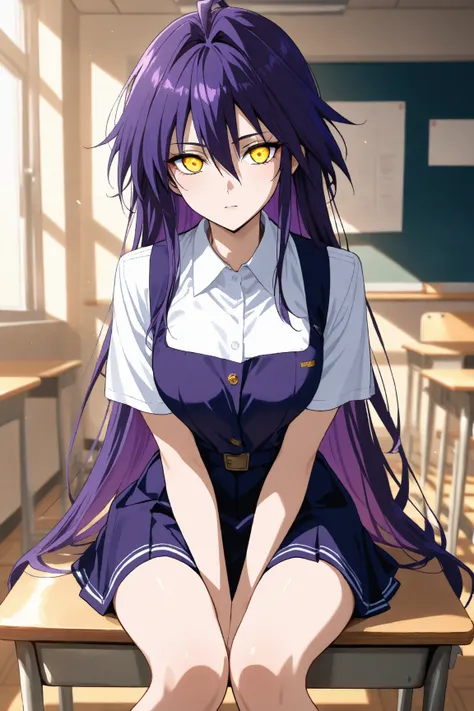  1 girl,  long midnight purple hair, Golden light eyes, sit in classroom, White school uniform　modern style, Anime