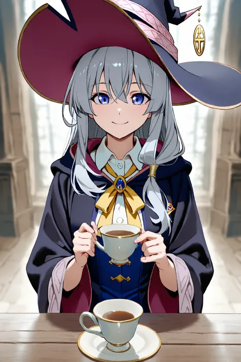 Elaina_(May_ no _gossip), Wonderful,  masterpiece, 4K,,  1 girl,  feminine ,  beautiful,  A cup,  Grey Hair , Big magic hat + Top is black、Inside is purple,  blue eyes,  white shirt,   yellow ribbon ,  black robe ,,  cute,  viewers,  faint smile ,  Magic G...