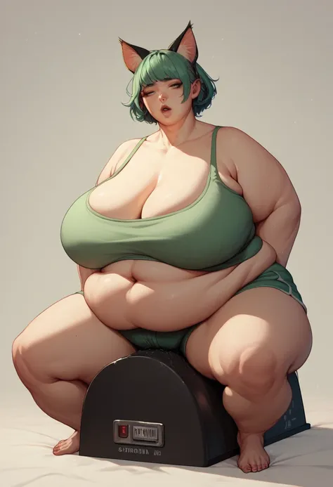  obese woman with huge breasts sitting on top of a sybian　Cat ears　Green clothes