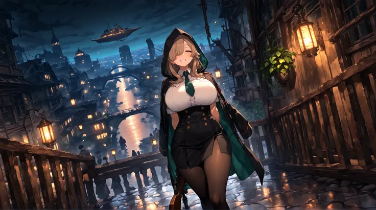 (8k,wallpaper of extremely detailed CG unit  ,(masterpiece, highest quality), very detailed, highest quality, official art, beautiful and aesthetic: 1.2), 1 woman, curvy, huge breasts, light brown hair , hair over one eye ,long hair ,black short skirt, whi...