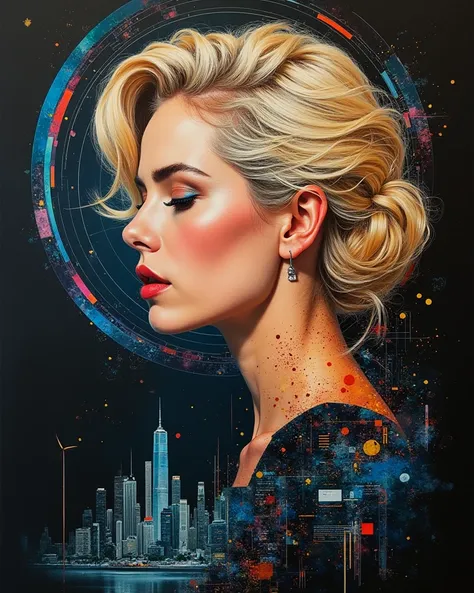 Portrait of a blond woman , Soft Features,  captured in an oil painting style fused with futuristic elements , Surreal abstract expression ,  expresses a deeper story with minimal yet highly detailed ,  incorporates elements of the Patina circuit 、 creates...