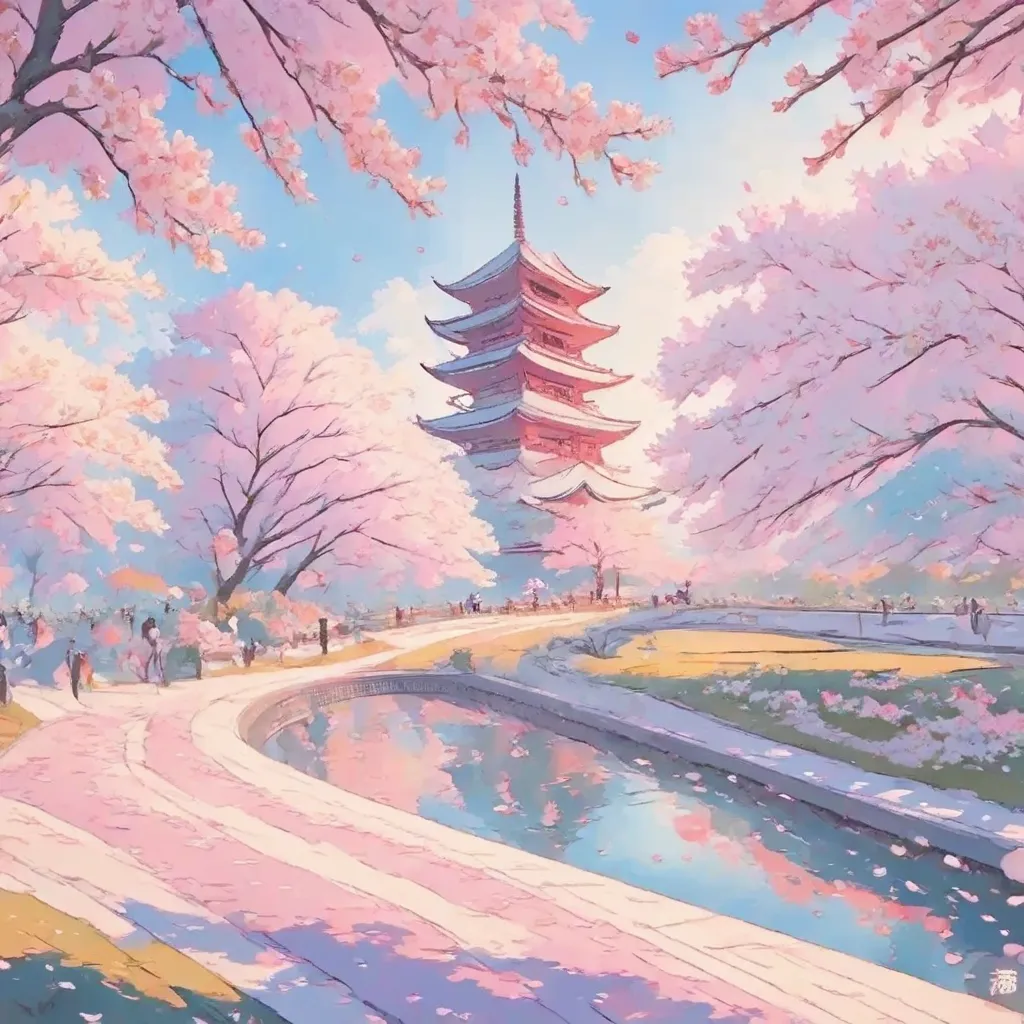 ( digital painting ),( Best Quality ), cherry blossoms in a serene Japanese garden, Cherry Blossoms, Koi pond, pedestrian overpass, pagoda, Embroidery Art Style , Katsushika Hokusai's Inspiration , Deviation Art Pop , 8K Ultra Real, Pastel Color Scheme , s...