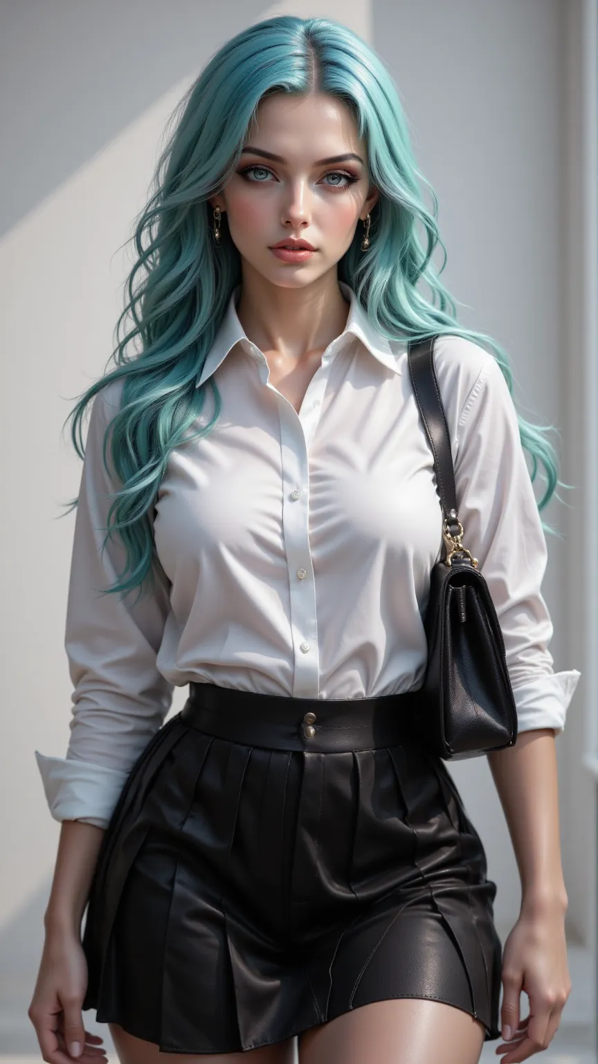 hyper-realistic， high quality， HD ， High detail，8k， aquamarine hair ， wears a white collared shirt and black pleated skirt，Solo girl with shoulder bag 、 gray eyes and full chest 。