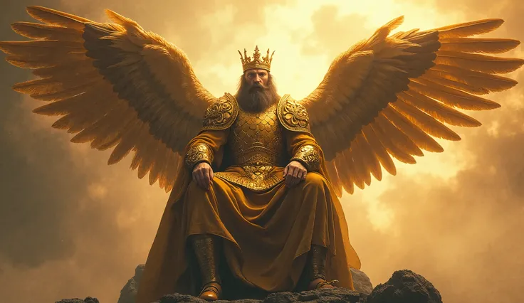  ULTRA-REALISTIC IMAGE of an emperor on a floating throne ,  covered by golden armor that dissolves into feathers as a titanic eagle emerges from his body. Your shadow is no longer human ,  but rather that of a colossal bird ready to dominate the skies .  ...