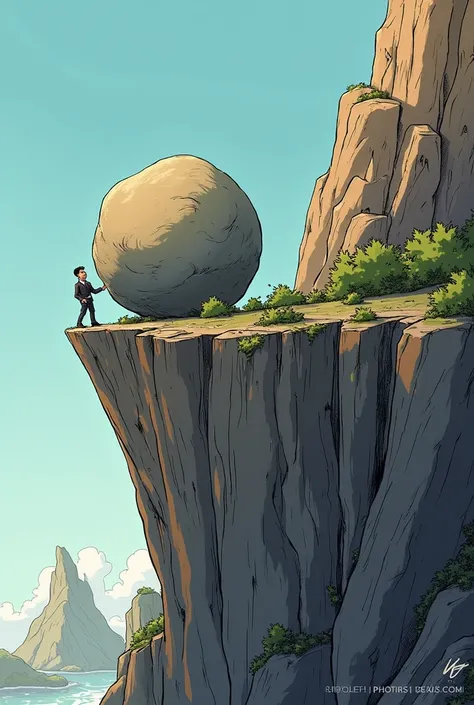 i want to create an image of editorial cartooning that have a cliff and a large boulder to fill the gaps