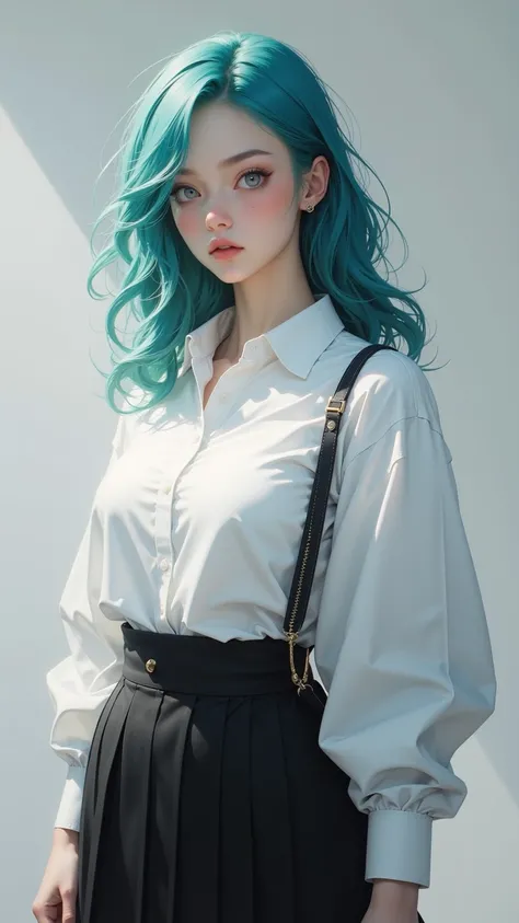 hyper-realistic， high quality， HD ， High detail，8k， aquamarine hair ， wears a white collared shirt and black pleated skirt，Solo girl with shoulder bag 、 gray eyes and full chest 。