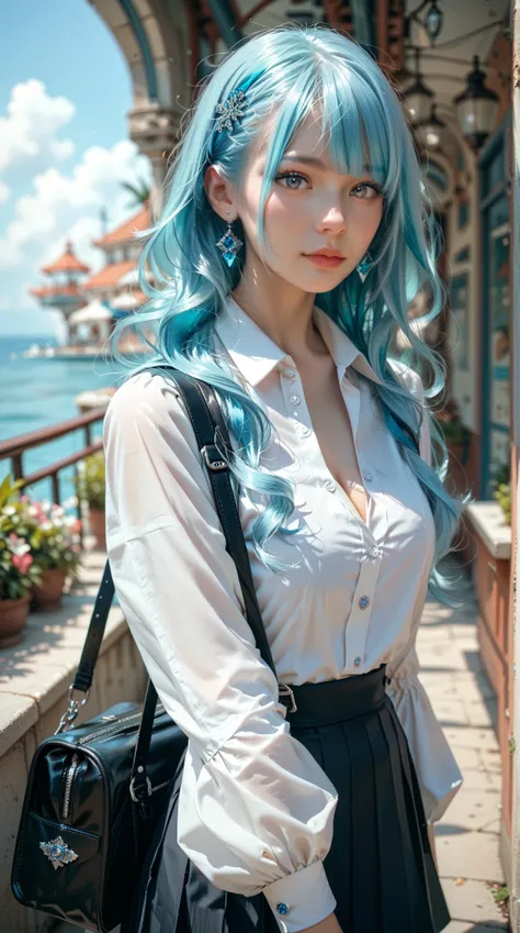 hyper-realistic， high quality， HD ， High detail，8k， aquamarine hair ， wears a white collared shirt and black pleated skirt，Solo girl with shoulder bag 、 gray eyes and full chest 。