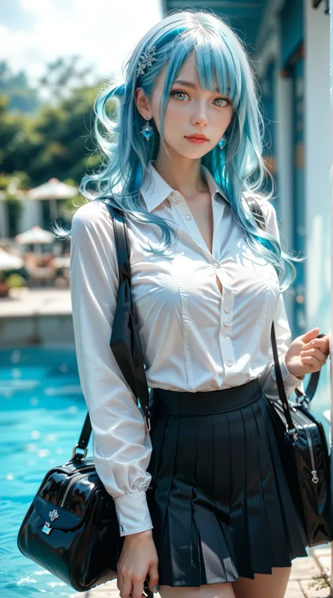 hyper-realistic， high quality， HD ， High detail，8k， aquamarine hair ， wears a white collared shirt and black pleated skirt，Solo girl with shoulder bag 、 gray eyes and full chest 。