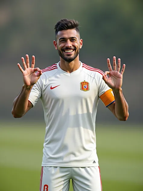 Full body shot of happy male Spanish soccer player, show OK fingers, wearing white soccer uniform. Detailed and dynamic action pose, full body shot, natural lighting, photorealistic, realistic, photography style, 8k, HD