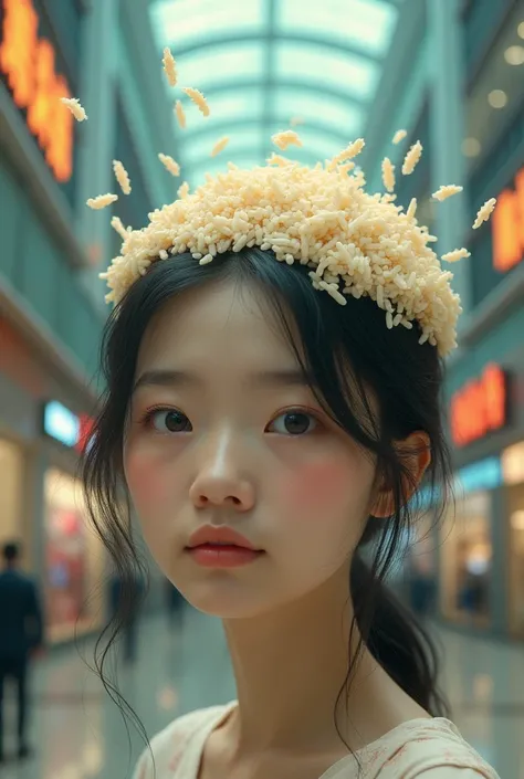 Front view of a girl with cooked rice in her brain in background there is a shopping mall