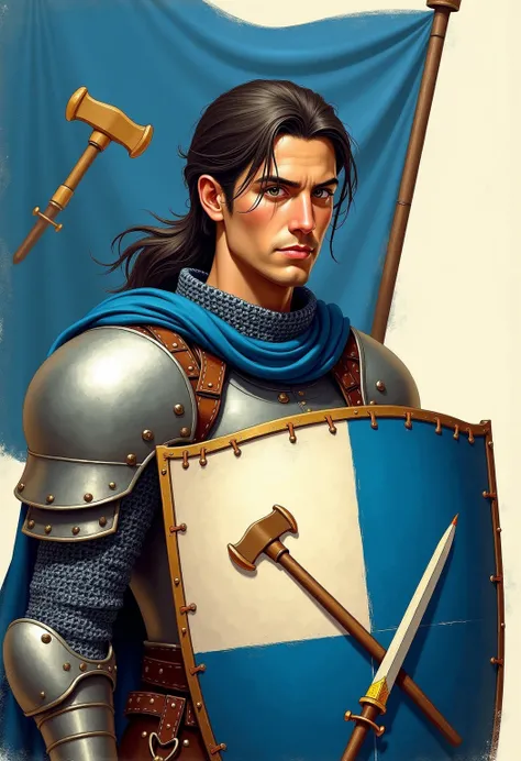 A realistic medieval fantasy portrait of a knight. He has long dark hair which he wears in a tail and dark eyes. He has olive-colored skin and is clean-shaven. He is 35 years. He wears a quilted doublet of light blue and silver colored wool and some armor....