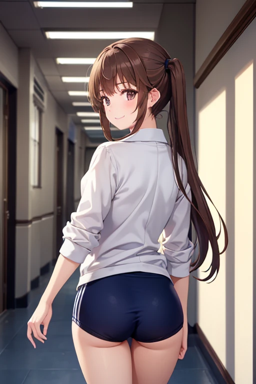 a girl in a white shirt and  a navy blue gymnastics bloomers,long brown hair,twintail, High leg,smile,midnight, back view, from behind,back style,School corridor at night,Midnight school hallway, Darkness